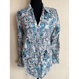 Tahari Small 100% Linen Long Sleeve Blue & White Button-Up Shirt With Bird & Flo
